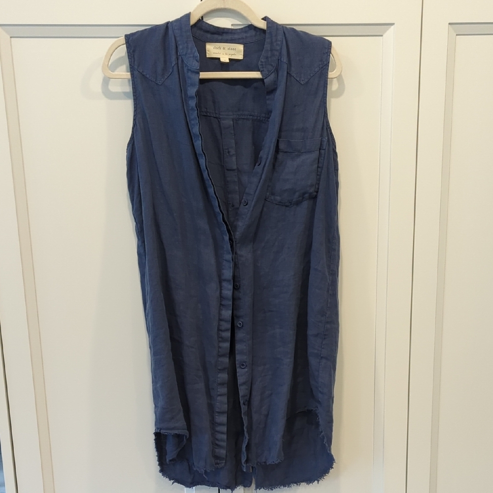 Blue Sleeveless Button-Up Shirt